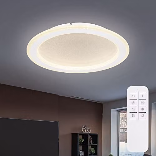 Globo Lighting White Crystal LED Ceiling Light with Remote Control and Dimming Function, D x H: 40 x 5 cm