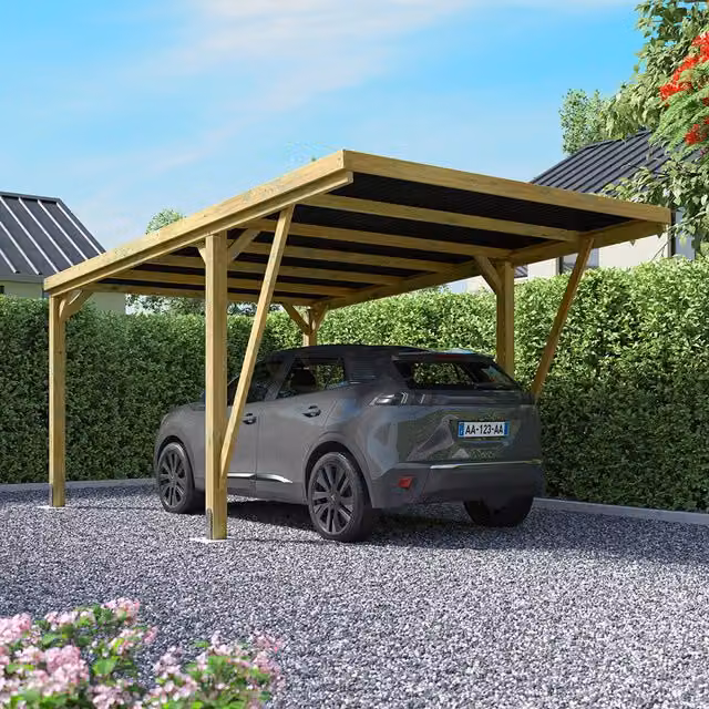 Cerland Victor Designer Single Wooden Pent Carport in Natural Brown with Polycarbonate Roof and Surface-Mounted Bolt Down Feet