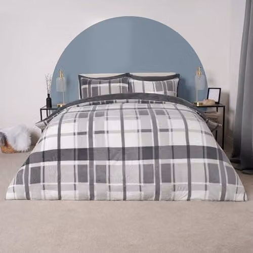 OHS King Size Checked Teddy Fleece Duvet Cover and Pillowcase Set in Grey