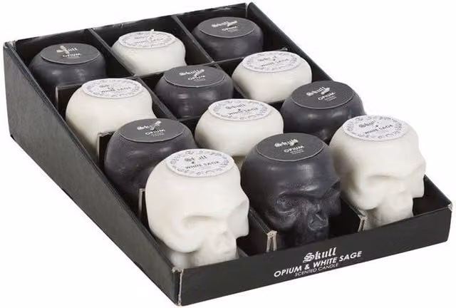 KDMD Set of 12 Organic Opium and White Sage Skull Candles in Black and White