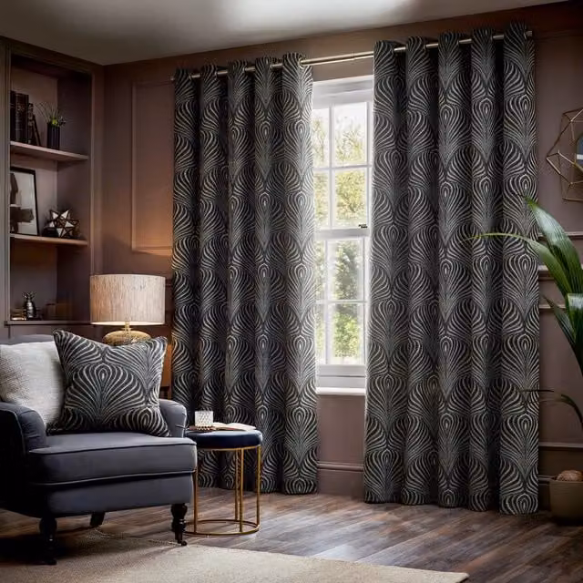 Make It A Home Gatsby Jacquard Eyelet Curtain Pair in Black and Gold, Height: 229 cm, Width: 183 cm