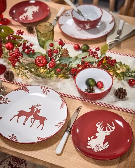 Dibor 12 Piece Red and White Reindeer Ceramic Christmas Dinner Set for 4 Adults