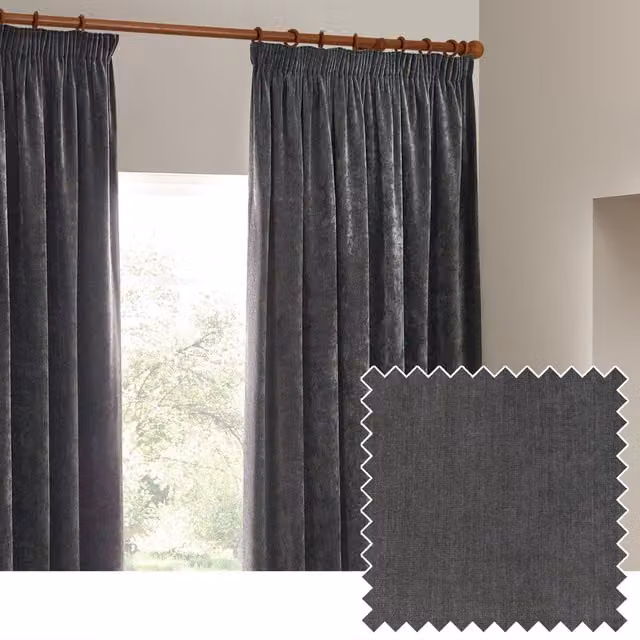 Make It A Home Heavy Chenille Velvet Pencil Pleat Curtains in Grey Anthracite, Height: 183 cm, Width: 117 cm