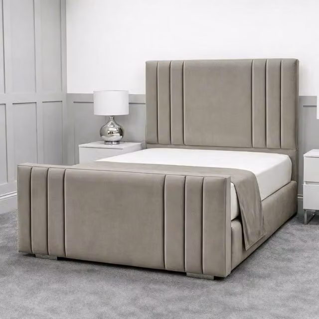 Living Comfort Bedz Canberra Double Plush Velvet Upholstered Bed with Slatted Base and 48 Inch Headboard in Light Grey