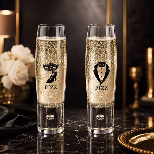 Lovii His and Hers Prosecco Champagne Flute Glass Set of 2 in White and Transparent