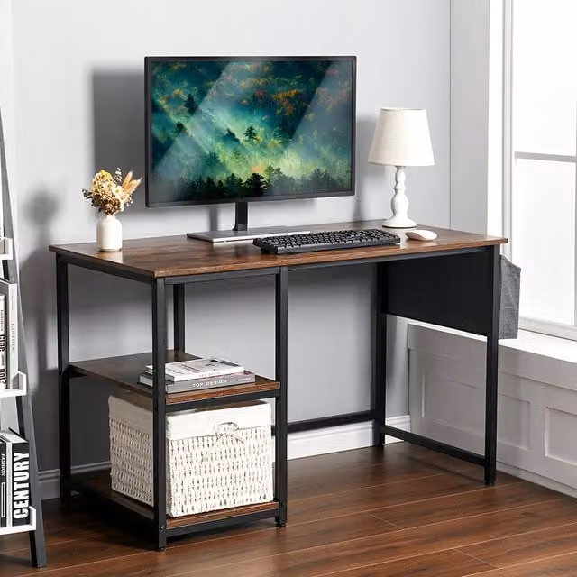 Livingandhome Modern Wood and Metal Computer Desk in Brown and Black