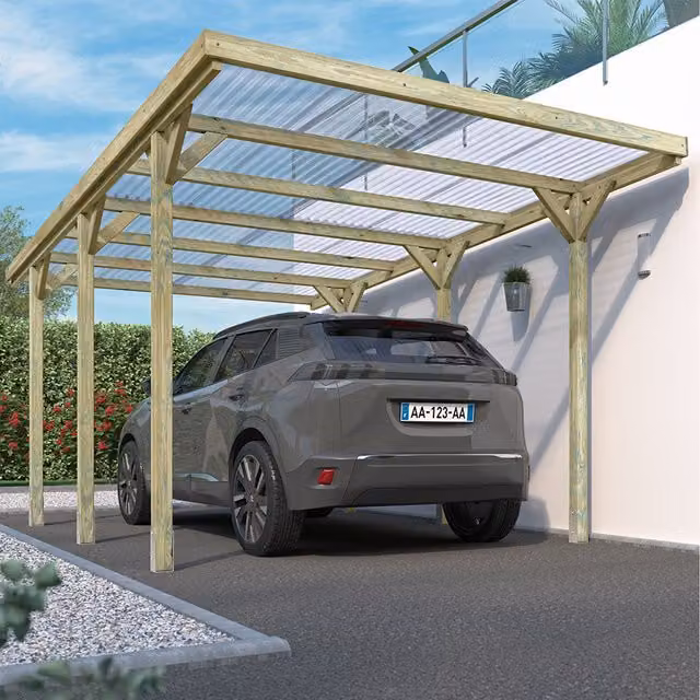 Cerland Pent Wooden Carport in Brown with Adjustable Bolt-down Feet