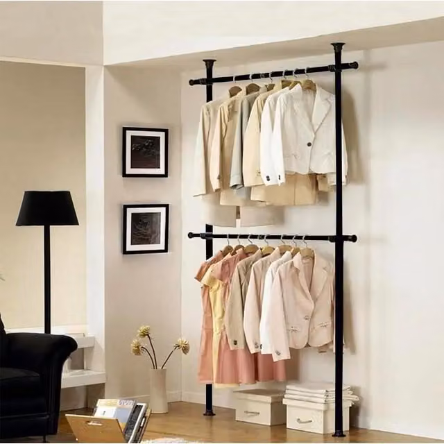 House of Home Telescopic Clothes Rail Black Metal Wardrobe Organiser and Hanging Clothing Rack