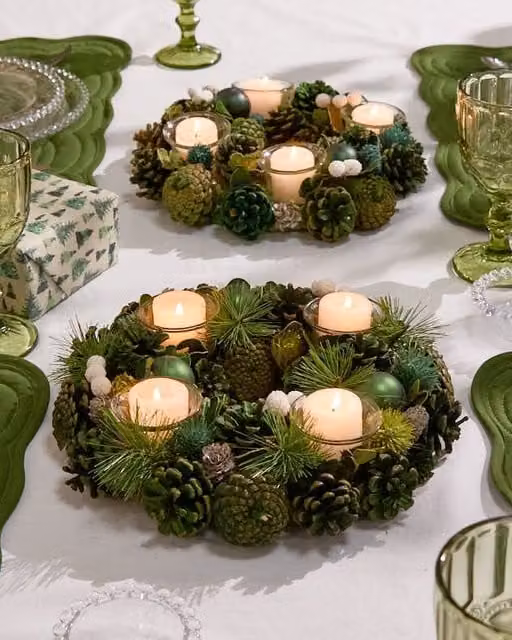 Dibor Set of 2 Woodland Green Round Table Centrepiece Christmas Candle Holders, Diameter: 30 cm