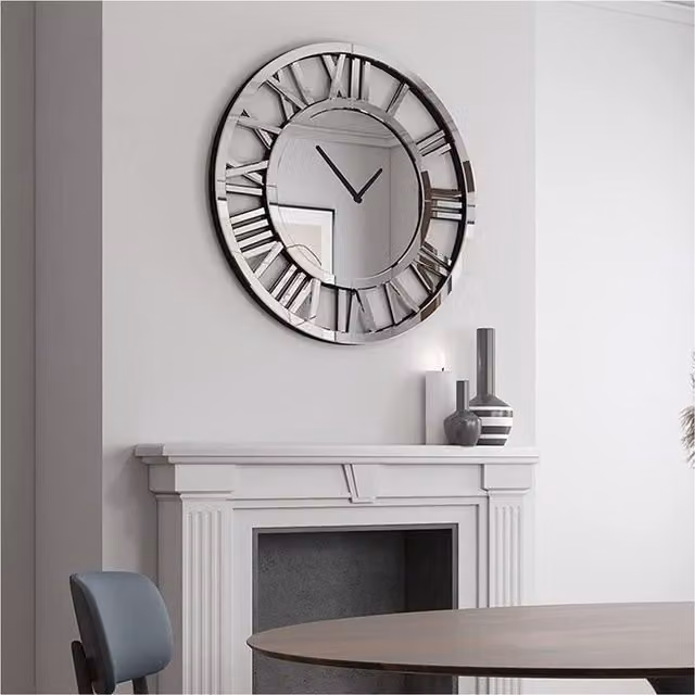 DEENZ Large Round Mirrored Wall Clock with Silent Analog Movement in Silver, Diameter: 80 cm