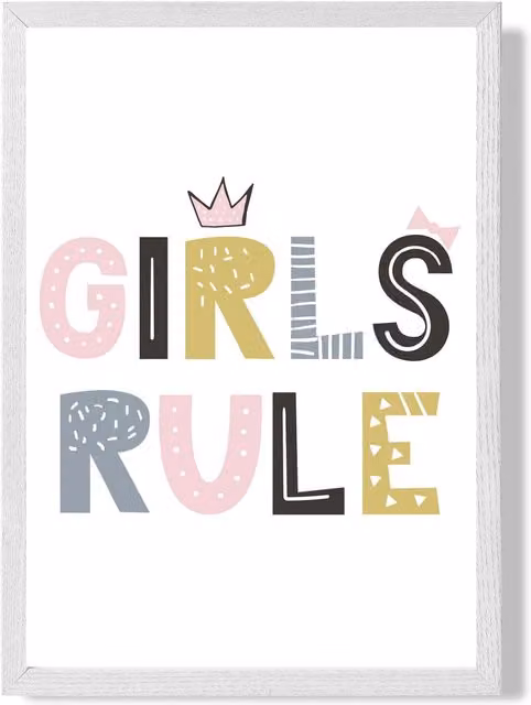 ARTZE Cute Girls Rule Scandi Quote Framed Print, Pink and Multicolour Typography Poster with White Wood Frame, Size: A2