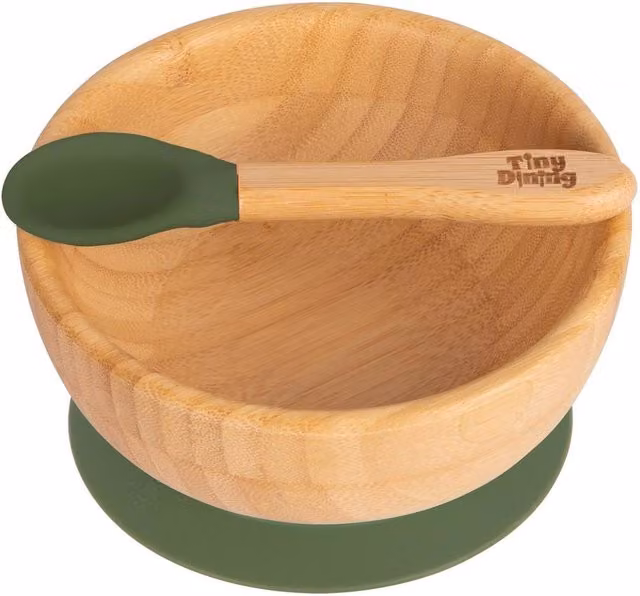 Tiny Dining Bamboo Baby Suction Bowl and Spoon Set in Light Green