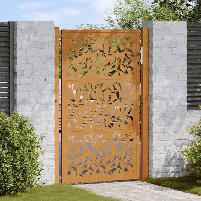 Berkfield Home Garden Gate in Brown Weathering Steel with Leaf Design, W: 105 cm, H: 155 cm