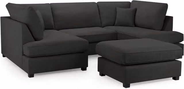 Zaye Living Carnaby U-Shape Corner Sofa with Matching Ottoman in Black Fabric