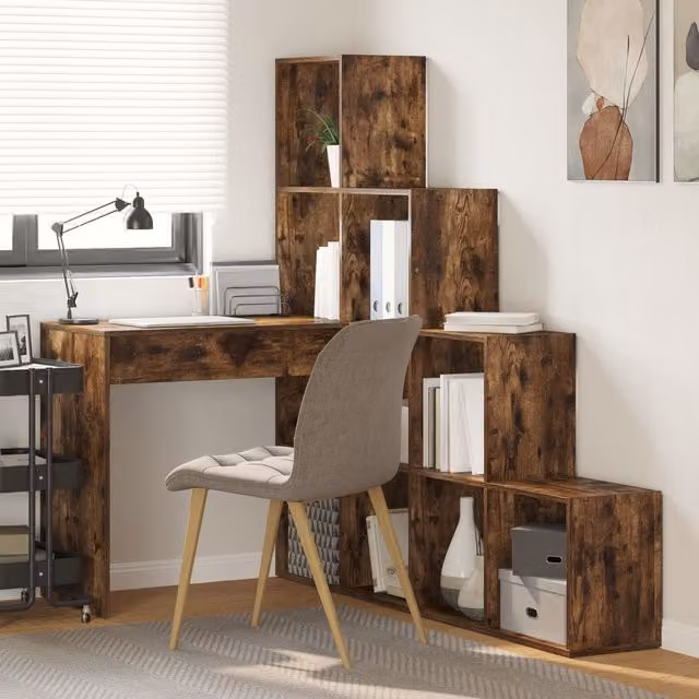 Berkfield Home Modern Corner Desk with Storage Shelf in Smoked Oak Brown, W/D/H: 149.5 x 101.5 x 149.5 cm