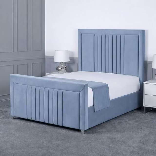 Living Comfort Bedz Celeste Plush Velvet Upholstered Bed with Slatted Base and 48 Inch Headboard in Light Blue, Double Size