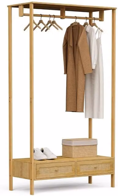 Havendro Boho Open Wardrobe Clothes Rail with 3 Drawers in Brown and Gold with Natural Rattan and Rubberwood