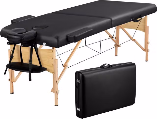 Yaheetech Portable Massage Bed with Armrests in Black Synthetic Leather and Beech Wood