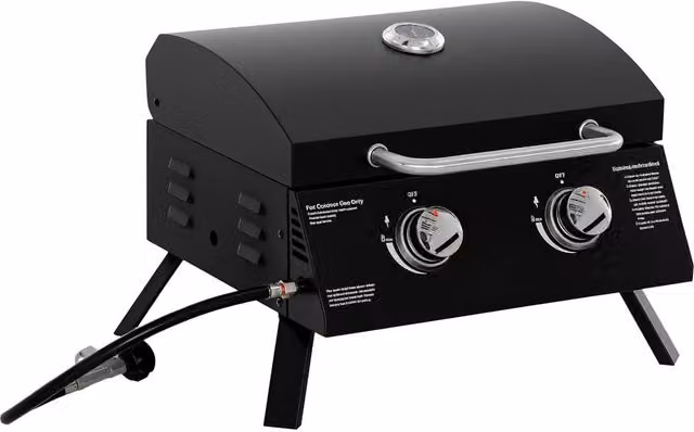 Rolipo 2 Burner Portable Tabletop Gas BBQ Grill with Lid and Thermometer, Black