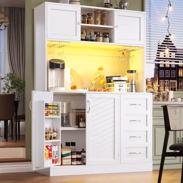 ModernLuxe White Matt Kitchen Tall Unit with Integrated LED Lighting and Glass Holders, W/D/H: 40 x 40 x 188 cm