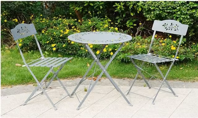 Gr8 Garden Leaf 3 Piece Grey Metal Garden Bistro Set with Round Folding Table and 3 Chairs
