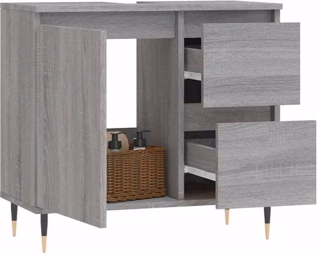 Berkfield Home Grey Sonoma Freestanding Bathroom Cabinet with Hinged Doors and Internal Drawers W/D/H: 65 x 33 x 60 cm