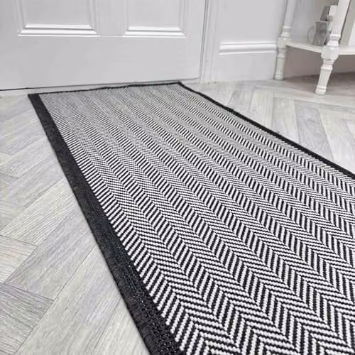 runrug Reversible Indoor/Outdoor Abstract Carpet Runner, Black, W: 60 cm, L: 210 cm