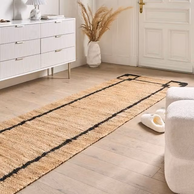Wyld Haus Beige and Black Handwoven Jute and Cotton Boho Rectangular Runner Rug W: 80 cm, L: 300 cm