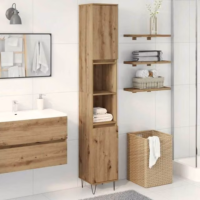 Berkfield Home Classic Artisan Oak Bathroom Cabinet in Brown, W/D/H: 30 x 30 x 190 cm