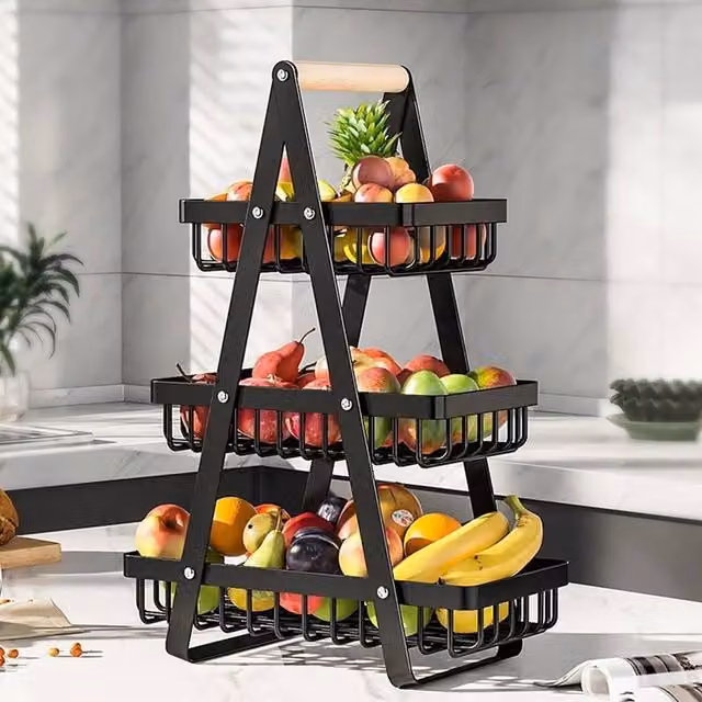 Kelvenix 3-Tier Fruit Stand and Basket in Black
