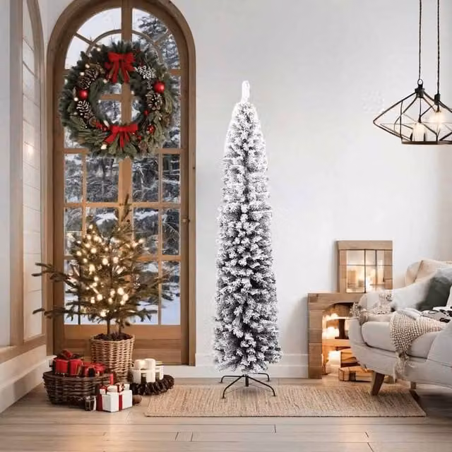 Berkfield Home Slim Flocked Artificial Christmas Tree in Green and White, Height: 180 cm