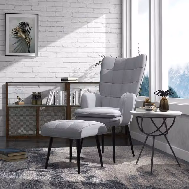 HOMCOM Modern Fabric Armchair with Matching Footstool and Metal Frame in Grey
