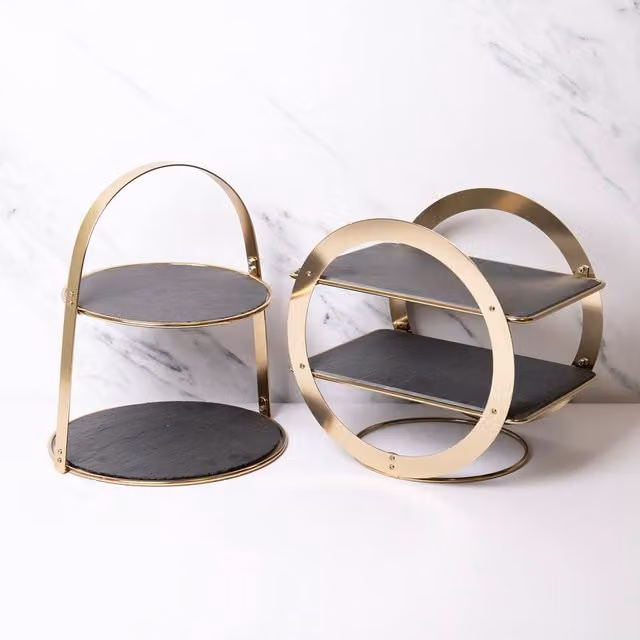 Artesa 2-Tier Round Slate and Wood Serving Stand Set in Anthracite and Gold