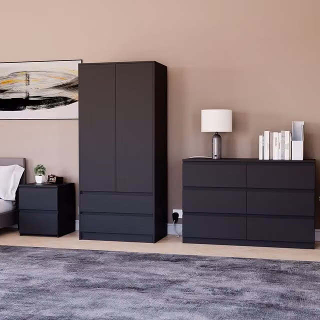 Vida Designs Denver Modern Black Bedroom Set with Wardrobe, 6-Drawer Chest and 2 Bedside Tables