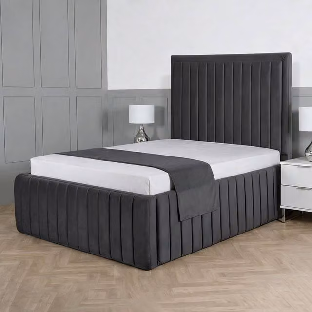 Living Comfort Bedz Saint Germain Plush Upholstered King Size Bed with Slatted Base and 48 Inch Headboard in Charcoal Grey