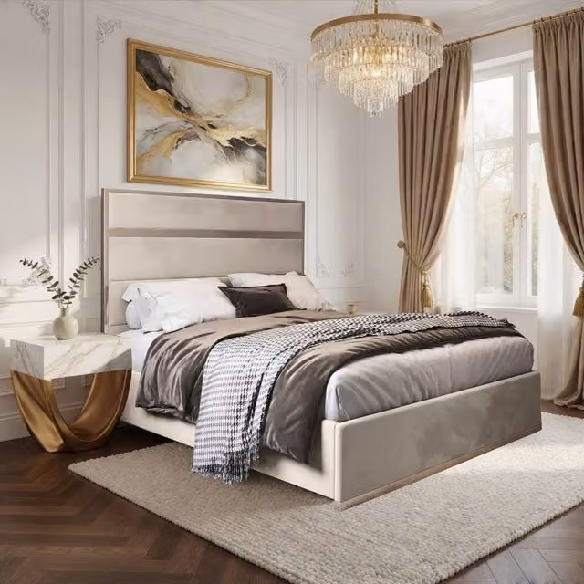 Casani Fladbury Upholstered Velvet Designer Bed Frame in Beige, W/D/H: 90 x 190 x 137 cm