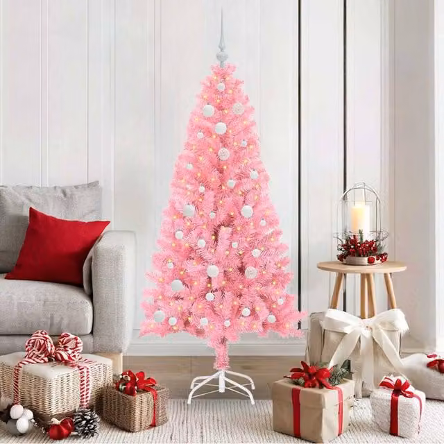 Berkfield Home Pink PVC Christmas Tree with 150 LEDs and Stand, Height: 150 cm