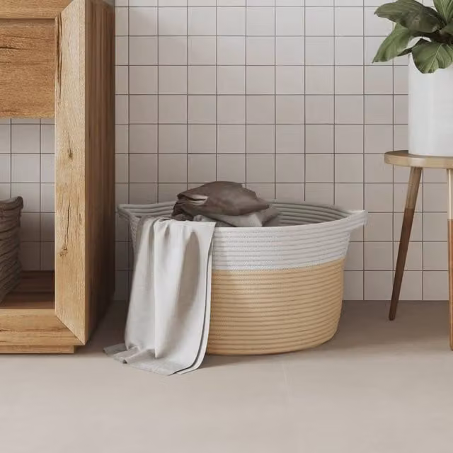 Berkfield Cotton Home Storage Basket in Beige and White, W: 40 cm, H: 25 cm