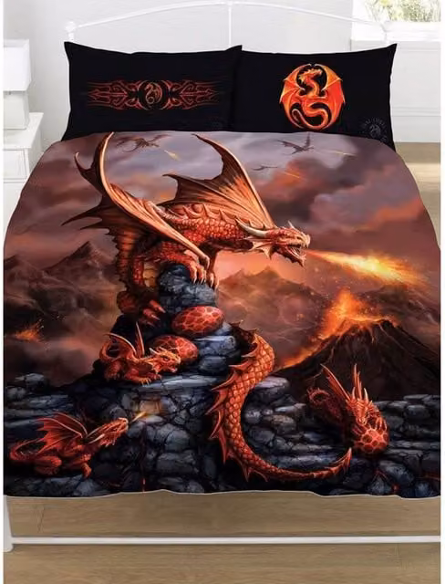 Anne Stokes Fire Dragon Reversible Duvet Cover and Pillowcase Set in Orange and Multicolour, W/D/H: 90 x 200 cm