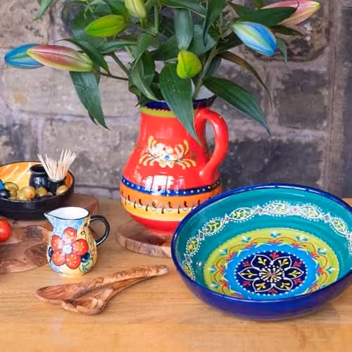 Verano Spanish Ceramics Hand Painted Blue and Red Floral Pattern Ceramic Serving Jug, 2L