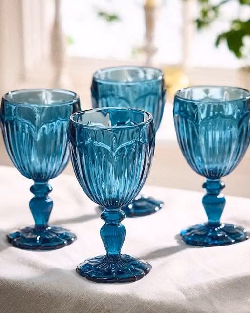 Dibor Set of 4 Blue Embossed Floral Wine Goblets, 280ml per glass