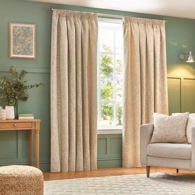 Grantley Jacquard Floral Pencil Pleat Curtains in Beige and Yellow, Height: 183 cm