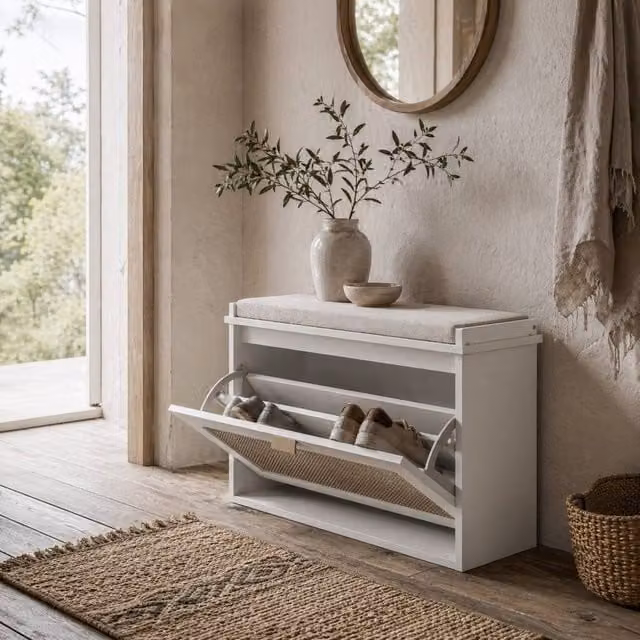 Wyld Haus Kekami White Boho Shoe Bench with Cushioned Seat and Rattan Flip Drawer