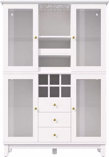 PAWNORA Modern White Matt Display Cabinet with Glass Doors, Integrated Lighting and Bottle Rack, H 180.5 x W 120.0 cm