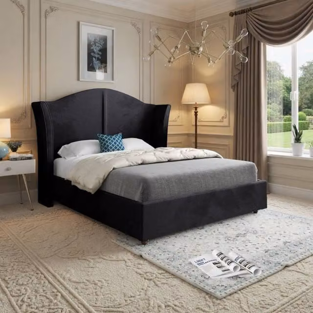 KDMD Yorkley Curved Winged Upholstered Designer Bed Frame in Black Soft Velvet, W/D/H: 144 x 137 x 200 cm