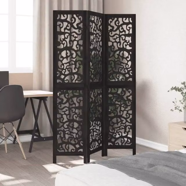 Berkfield Home 3-Panel Black Solid Wood Paulownia Room Divider, H 180 cm x W 330 cm (3 x 110 cm)