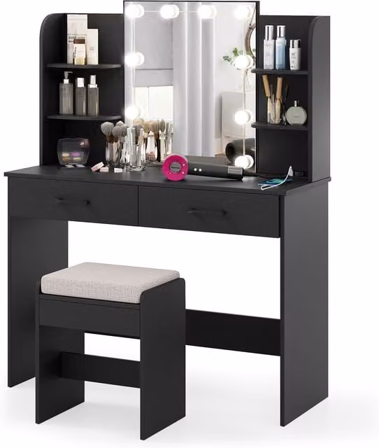 COSTWAY Modern Hollywood LED Dressing Table in Black