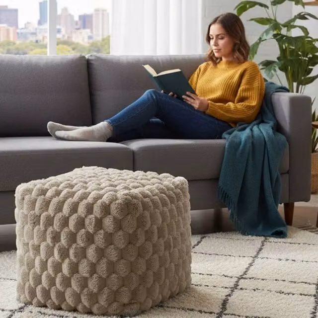 Home Republic Chunky Popcorn Faux Fur Bean Bag in Beige, W/D/H: 43 x 43 x 43 cm