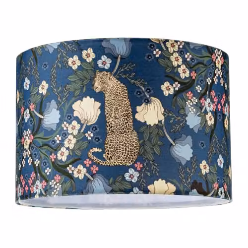 Happy Homewares Midnight Blue Fabric Cylinder Lampshade with Leopard and Botanical Foliage Design in Blue, Green, Pink and White