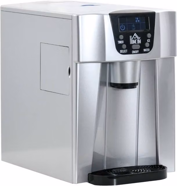 Rolipo Countertop Ice Maker and Water Dispenser, 3L, Silver Stainless Steel with Digital Display and Timer
